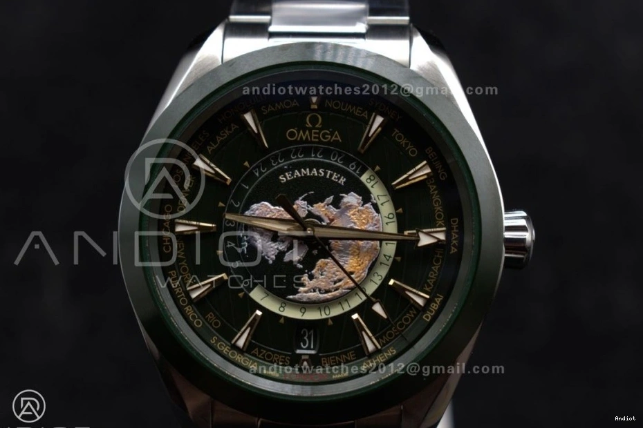 Terra GMT Super Clone Aqua A8938 on Worldtimer Ceramic Green Edition 43mm SS VSF Bracelet Best 1:1 0208